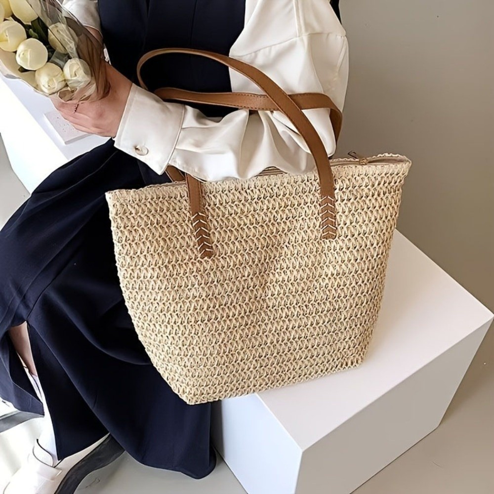 Beach Bag Straw - ファッションソリッドカラー織りストロートートバッグスクエアジッパービーチハンドバッグ大容量織りラフィアショルダーバッグ春