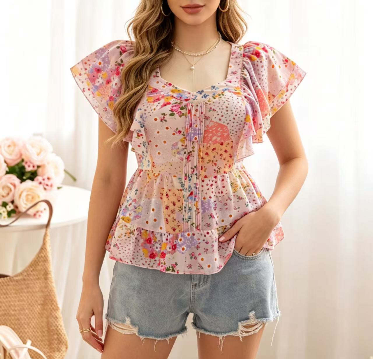 Summer Clothing For Plus Size Women - プラスサイズ女性向けニッチデザイン小花柄フリルレーストリムラッフルスリーブ新作スタイリッシュスイート＆スパイシーガールトップスシャツ