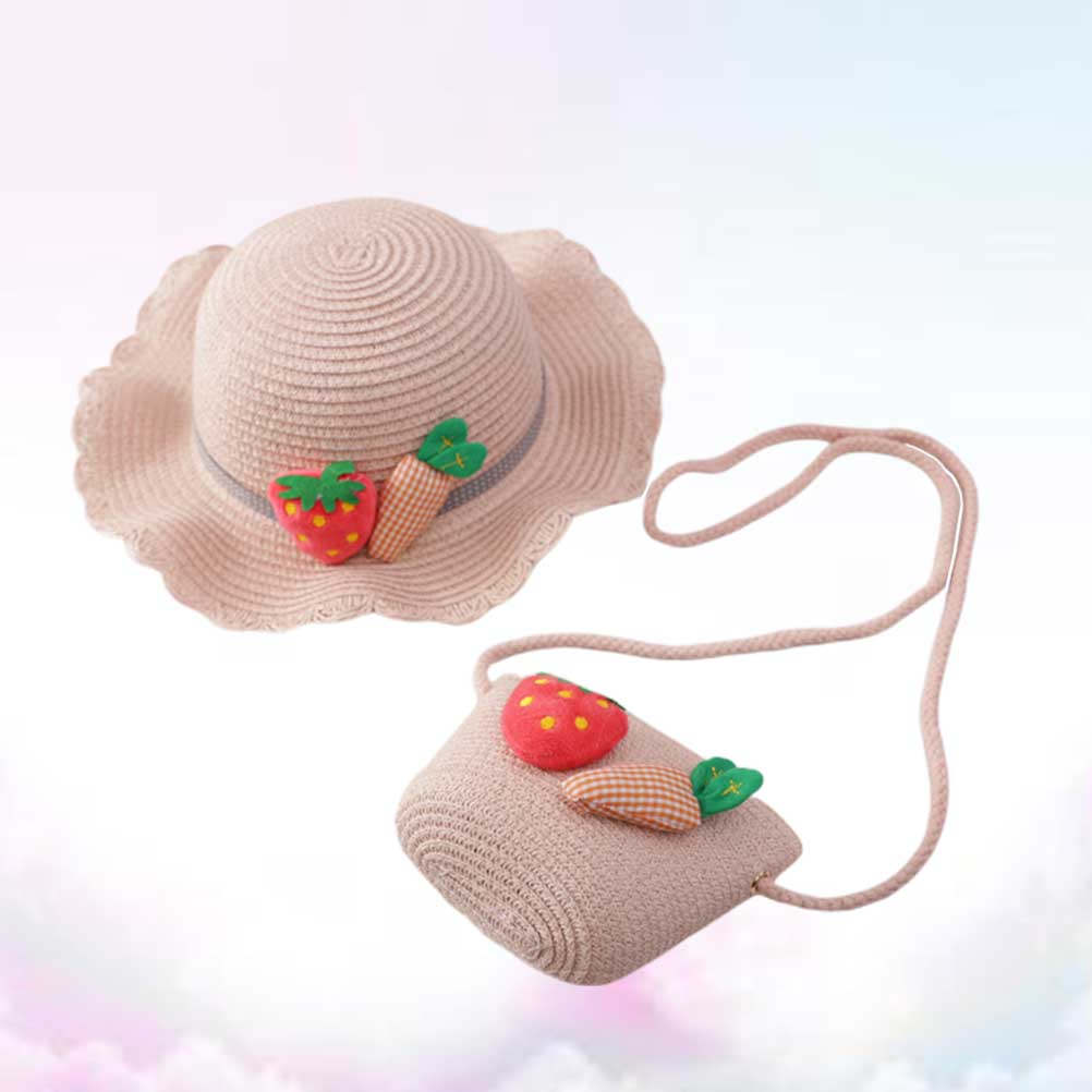Beach Bag Straw - キッズ用麦わら日よけ帽子 ピンク 54cm プリンセスコスプレ 夏用ビーチキャップ 可愛いクロスボディバッグ付きビーチハット