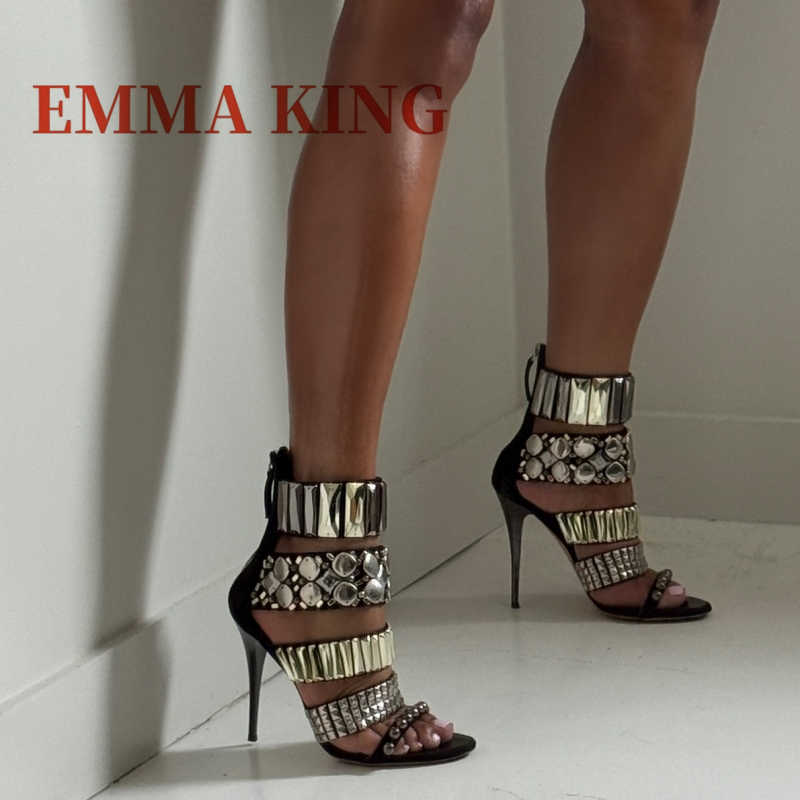 Summer Clothing Elegant - 黒装飾アンクルストラップサンダル夏の女性のオープントゥスティレットグラディエーターサンダルファッションラインストーンパーティードレスシューズ 44