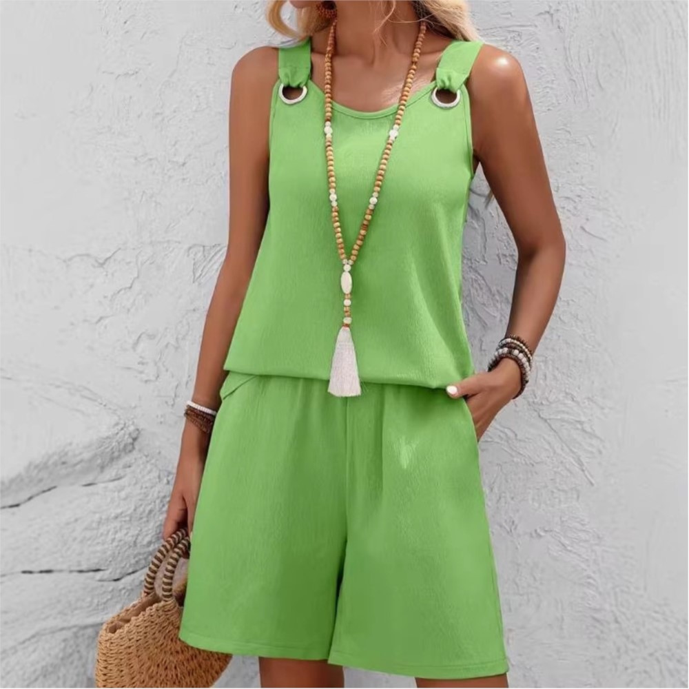 Zara Summer Clothing For Women - 春夏新作 Oネックベスト レディース ショートパンツ ツーピースセット ファッションボタンサスペンダー