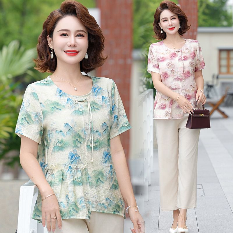 Summer Clothing Over 60 - 成熟した女性の夏のファッション、ゆったりとした半袖シフォントップス、ヴィンテージスタイル、中年女性の服、エレガントな美学