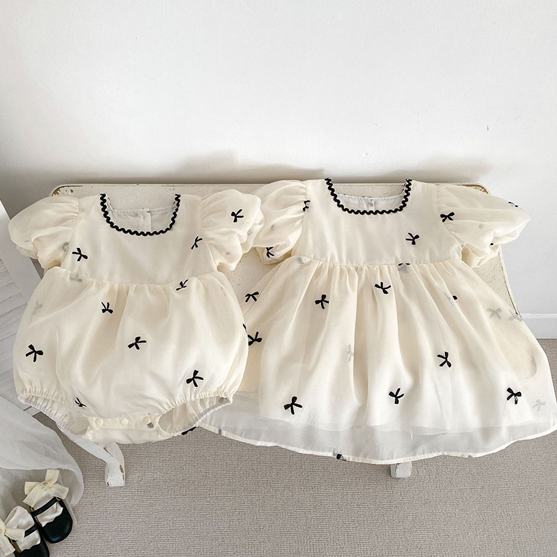 Summer Clothing Baby Girl - キッズ姉妹服夏の女の赤ちゃんドレス幼児女の子かわいい弓ガーゼドレス姉妹パフスリーブ幼児甘いプリンセスドレス