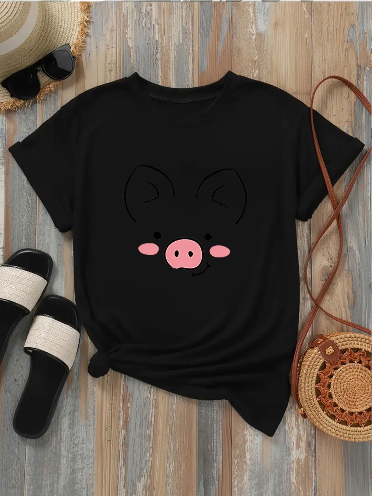 Summer Clothing Images - 女性用のかわいい豚の顔のTシャツ、シンプルなラインが施されたかわいい豚のイメージプリント、夏用ラウンドネック半袖カジュアル服