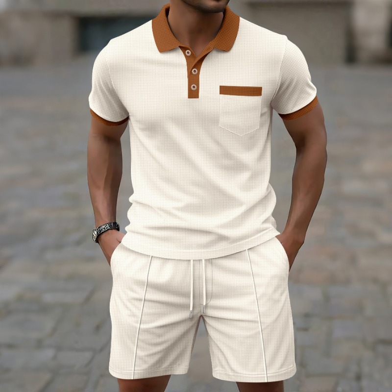 Summer Clothing Guys - 2026年最新夏メンズファッションカジュアルトレンドスポーツコントラストカラーシャツとドローストリングショーツの2ピースファッションカジュアルセット