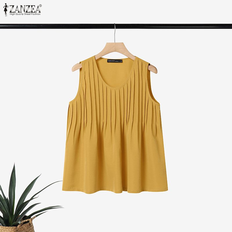 Summer Clothing For Plus Size Women - ZANZEA プラスサイズ 5XL 女性ピンタックタンクトップ夏カジュアルルーズソリッド A ラインノースリーブブラウスホリデービーチラウンドネックトップス