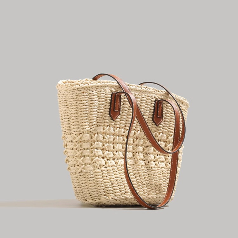 Beach Bag Straw - 特大折りたたみ式ストロー製トートバッグ 夏の旅行用 防水ビーチバッグ ジッパー付きポケット付き ジム/ランドリー収納に