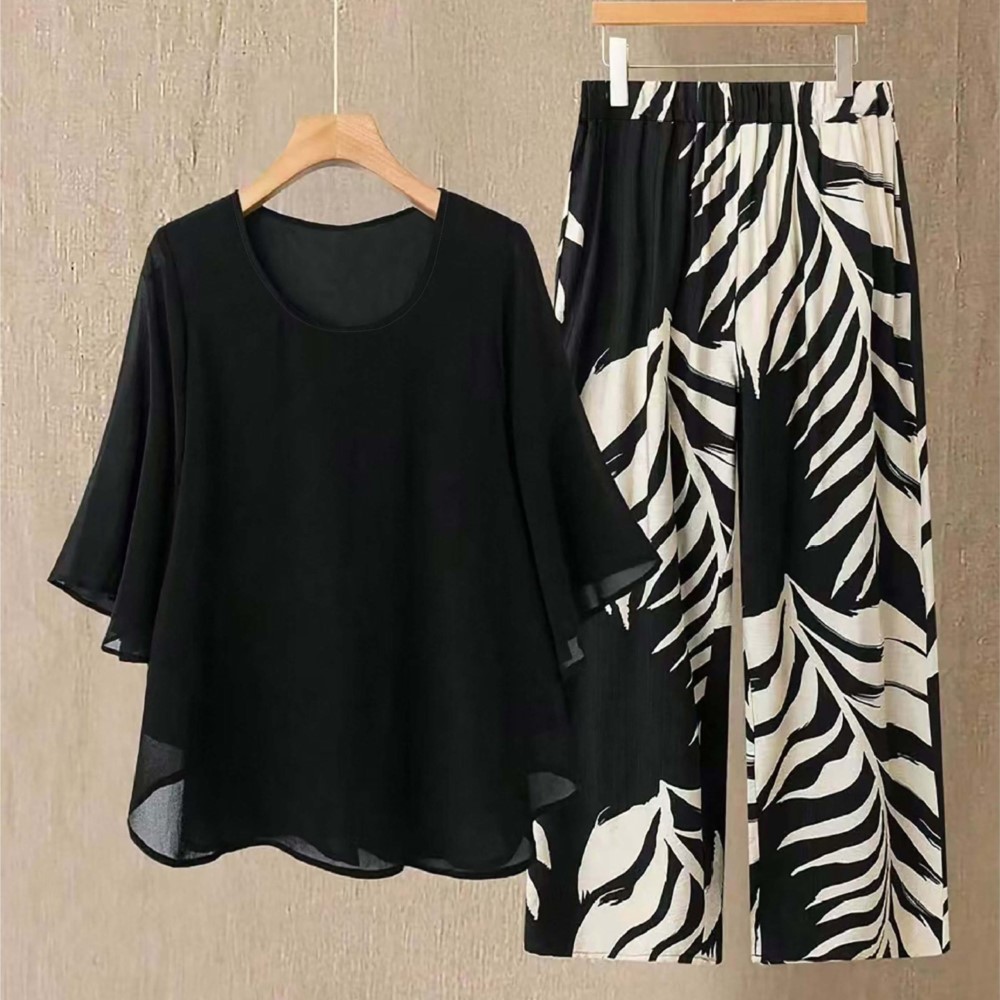 Zara Summer Clothing For Women - 春の新作カジュアルOネックレディース長袖シフォントップスーツファッションエレガントルーズバケーション女性用プリントパンツ2点セット