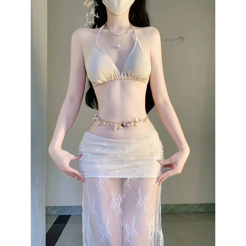 Swim Cover Up Mesh - エレガントな白い花柄メッシュ4ピースビキニセット、ボウフロントフレアスリーブカバーアップスカート付き水着、女性用ビーチリゾートバケーション向け