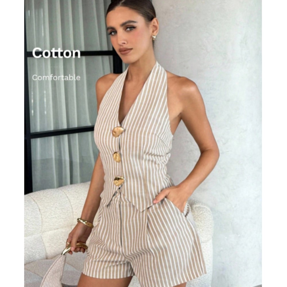 Zara Summer Clothing For Women - セクシーな背中開きホルターベストとショートパンツの2点セット、夏のファッショナブルなストライプボタントップとショートパンツの女性用スーツ2026