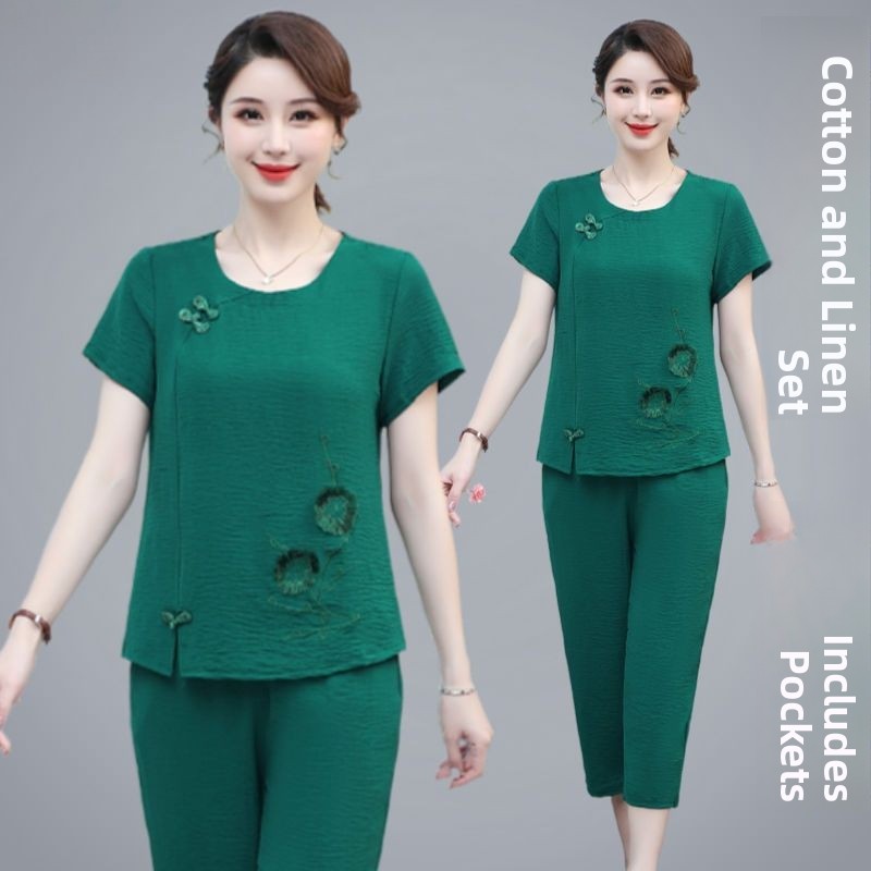 Summer Clothing Over 60 - 夏用コットンリネン半袖ママセットツーピーススーツおしゃれ中高年服通気性ゆったりフィットラウンド...