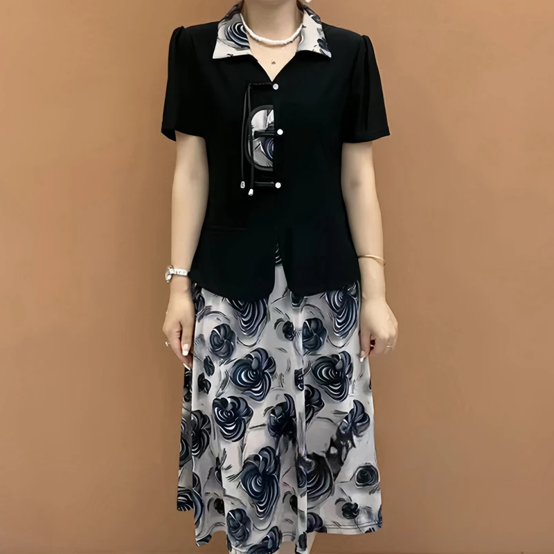 Summer Clothing Over 60 - 新しい中国風夏のおしゃれママドレス膝丈スリム体型カバーツーピース風レディース服