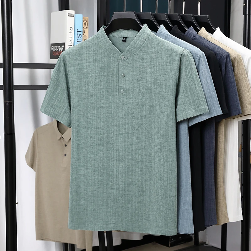 Summer Clothing Guys - メンズマンダリンカラーハーフプラケットリネンテクスチャード半袖シャツカジュアルトップスしわになりにくい通気性のある夏服