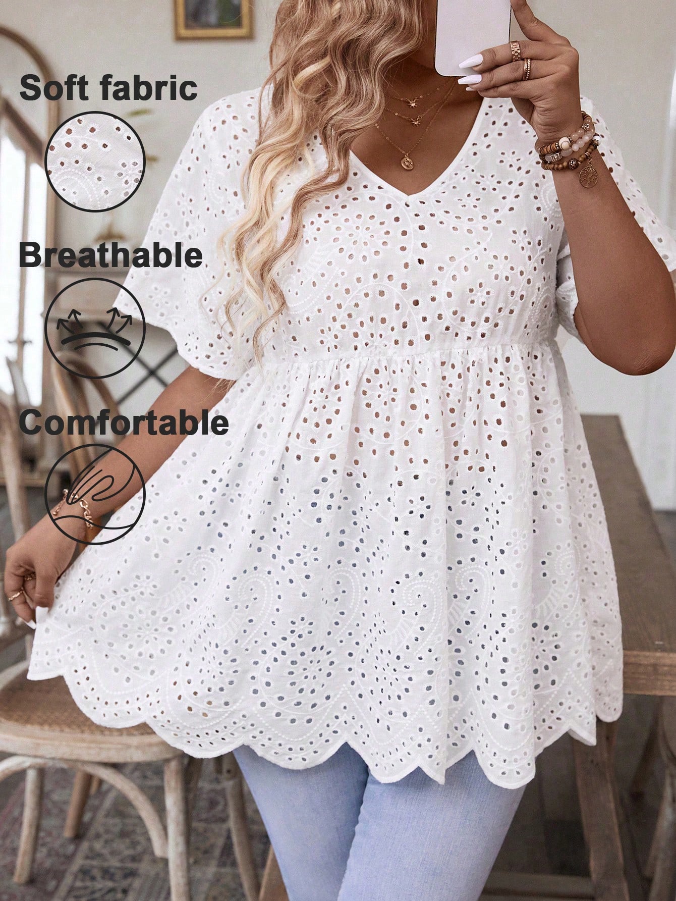 Summer Clothing Wear - 女性用プラスサイズホワイトアイレット刺繍Vネックペプラムトップ、ゆったりとした通気性のあるカジュアルブラウス、曲線美の女性のための夏の日常着