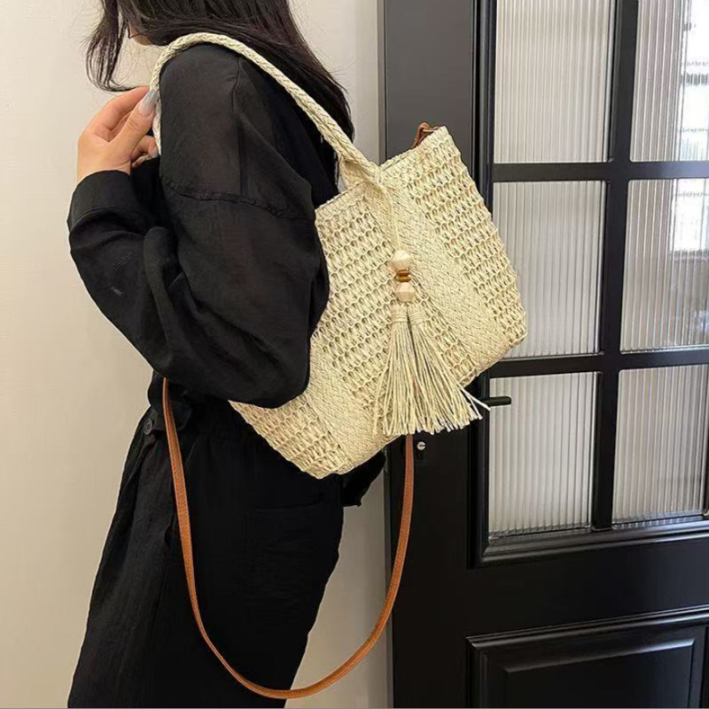 Beach Bag Straw - 新スタイル レディース ストロー織りハンドバッグ 大容量 タッセル付き ビーチ