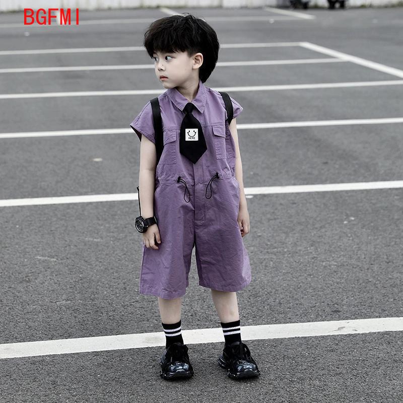Summer Clothing For Baby Boy - キッズサマーショーツオーバーオールカプリボーイズパープルパンツとネクタイ服男の子ベビージャンプスーツ1-10Y半袖子供服