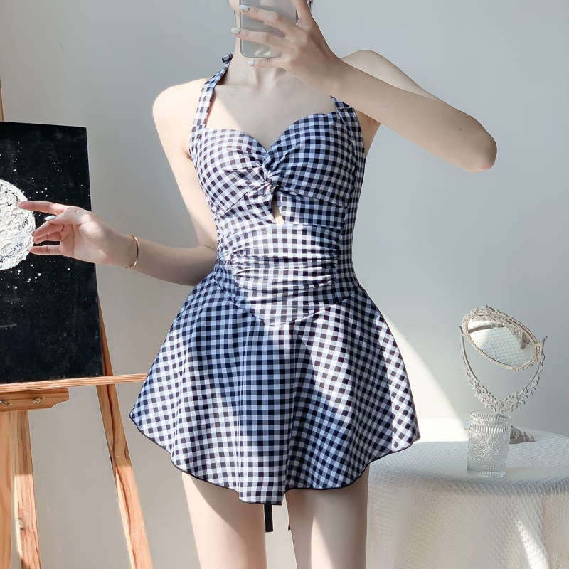 Swimsuit One Piece - 2026年新作 レディース バックレス ワンピース水着 控えめなチェック柄 レースアップ