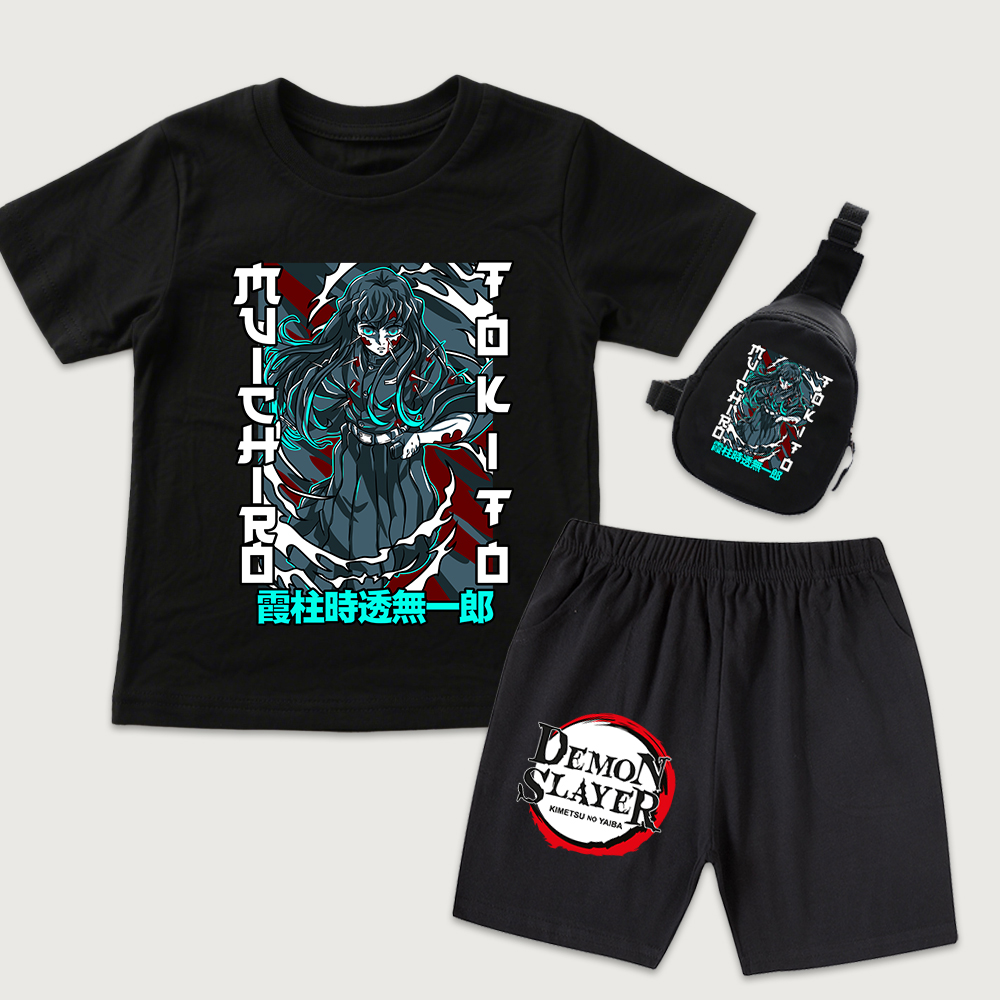 Summer Clothing For Baby Boy - 鬼滅の刃 時透無一郎 アニメプリント キッズ コットンTシャツ＆ショートパンツ ミニチェストバッグ