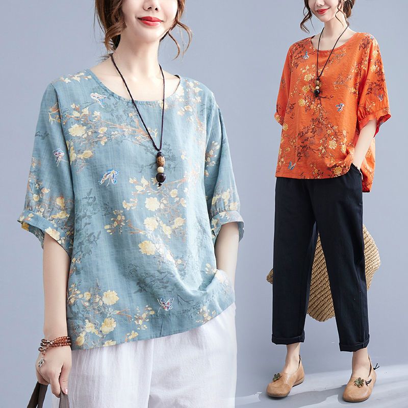 Summer Clothing Over 60 - 夏の新作綿麻スリムフィット半袖Tシャツレディースラウンドネックプリント薄手大きいサイズプラスサイズ服肉感素材