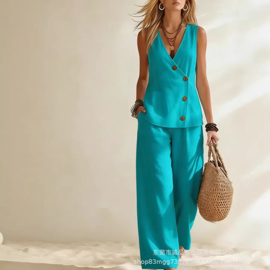 Zara Summer Clothing For Women - ファッションディープ V ネックノースリーブ女性夏のズボンスーツベストボタン休暇シンプルなルーズワイドレッグパンツ 2 点セット女性