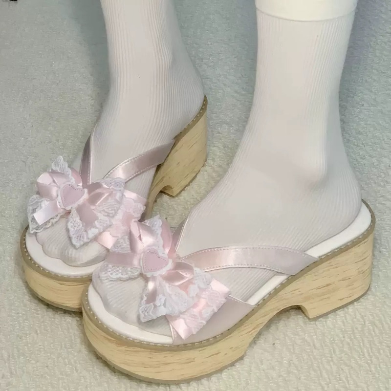 Summer Clothing Fabric - スイートボウ木目調厚底プラットフォームスリッパ女性用夏和風快適ハイヒールサンダル
