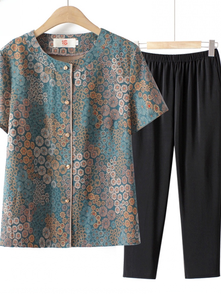 Summer Clothing Over 60 - おばあちゃん風半袖ツーピースセット 高齢女性向け 夏服 快適なゆったりフィット 韓国風 綿混紡