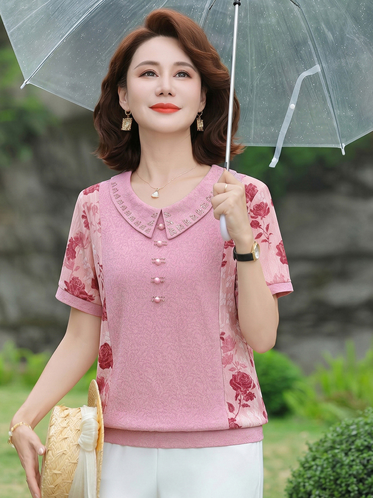 Summer Clothing Over 60 - 痩身半袖 Tシャツファッショナブルなドールカラースプライス高齢女性の夏服ポリエステル繊維ルーズフィットクルーネック