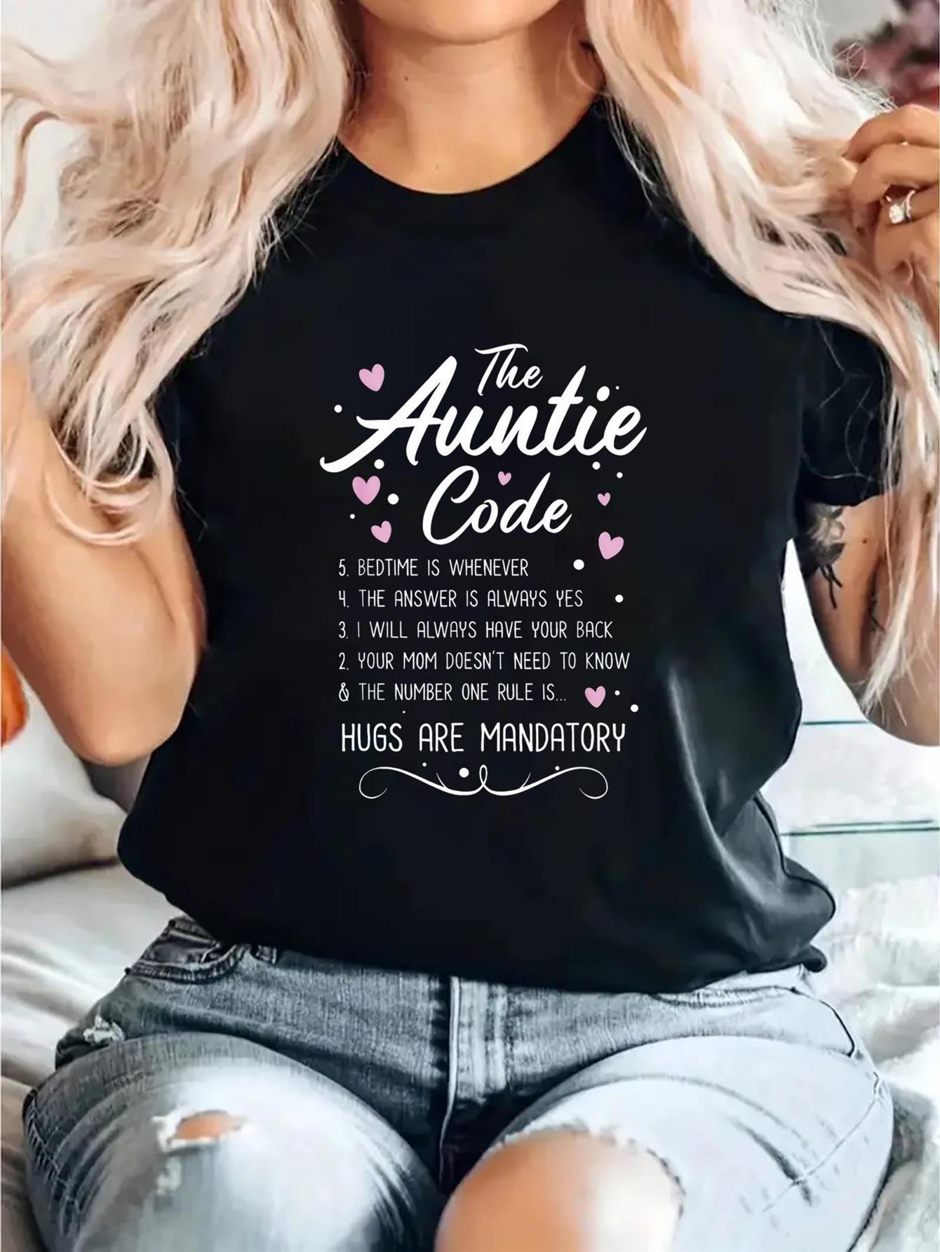Summer Clothing Wear - 女性用楽しいおばさんテーマTシャツ - ユーモラスなおばさん名言が入ったソフトでスリムフィットの半袖トップス、黒とピンクの文字、ラウンドネックのカジュアルスタイル、おばさん、姉妹、または姪へのギフトに最適、春と夏の着用に最適、洗濯機で洗える家族服