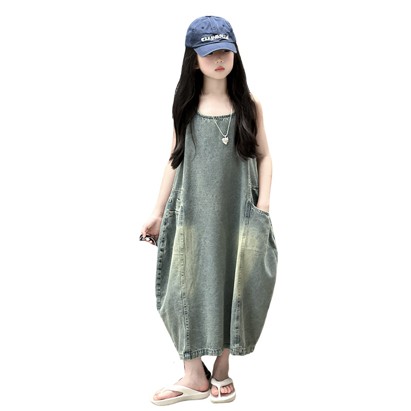 Summer Clothing Girl - ヴィンテージブルー子供女の子高品質ノースリーブデニムドレスストリート衣装ファッション夏の子供の高級ジーンズ服