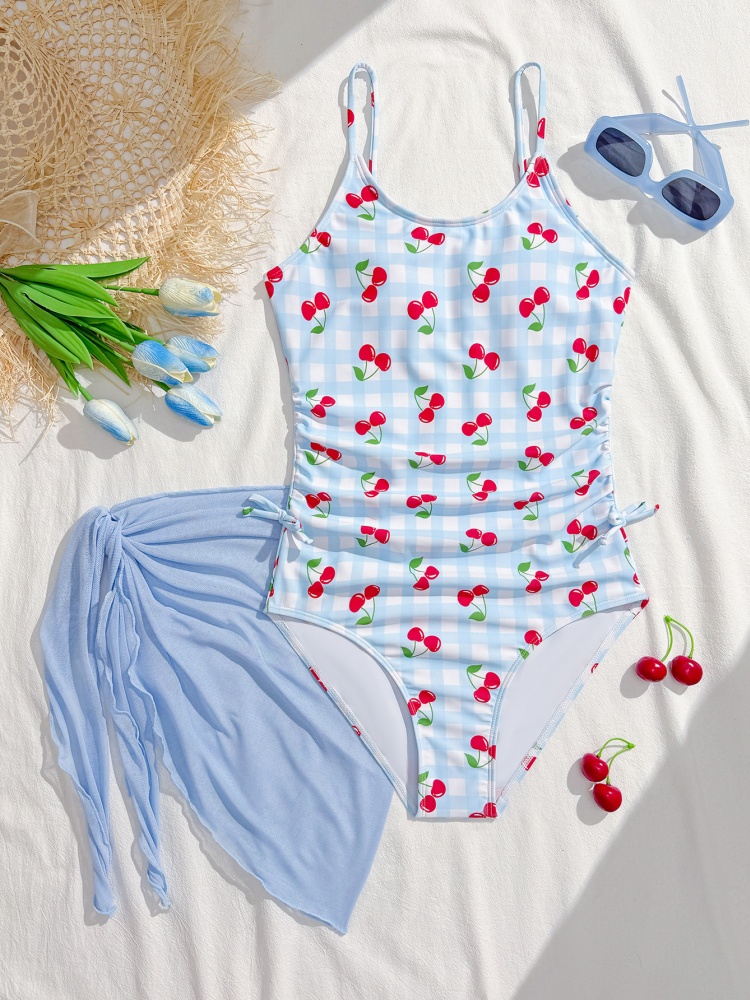 Swim Cover Up Mesh - ワンピースガールズキッズ水着 2026 新ブルーチェック柄チェリースリング子供水着夏メッシュビーチウェアカバーアップ水着