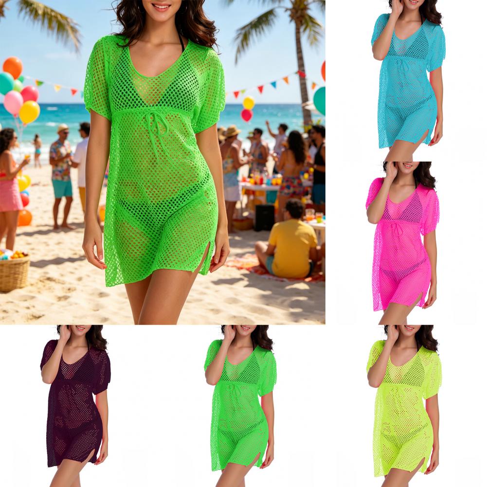 Swim Cover Up Mesh - ビキニカバーアップ ドローストリングスイムカバーアップ 通気性のある日焼け防止メッシュシャツ サイドスリットデザイン ビーチドレス シアー水着カバー