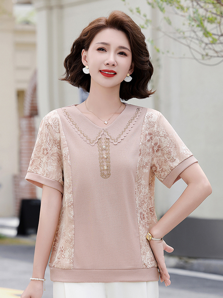 Summer Clothing Over 60 - おしゃれな夏のニットスプライス半袖Tシャツ、襟付きプラスサイズレディース服、ママスタイル、着痩せ効果のあるアンチエイジングトップス