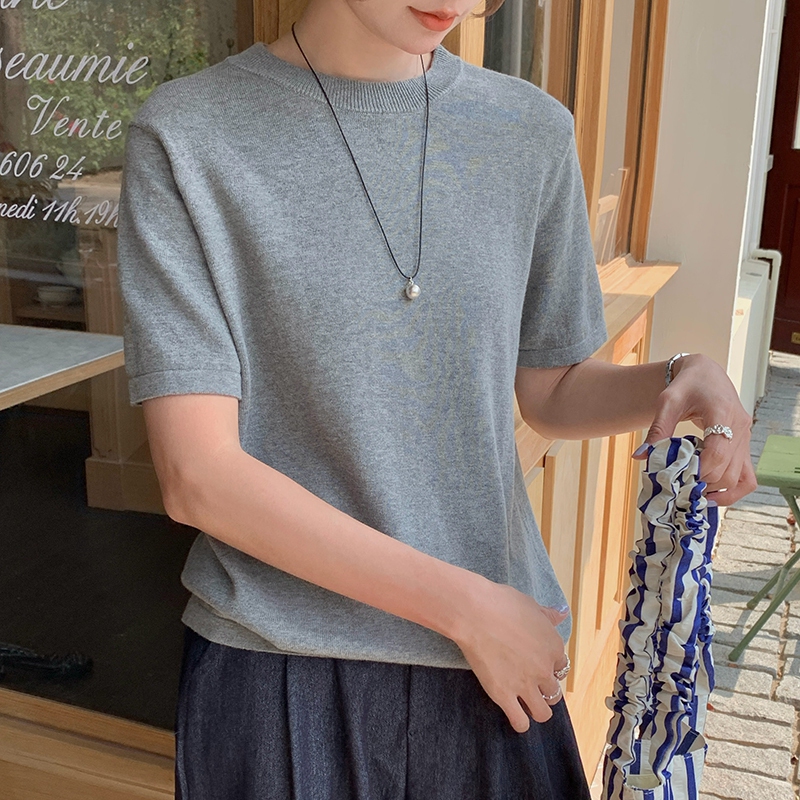 Summer Jumper Clothing - 春夏 レディース コットンセーター 丸首 半袖 ジャンパー