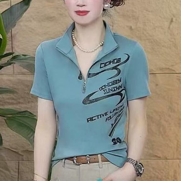 Summer Clothing Over 60 - 2026年夏のおしゃれなスリムフィット半袖Tシャツ、スタンドカラー、減量用、通気性のあるプリント柄レディーストップス