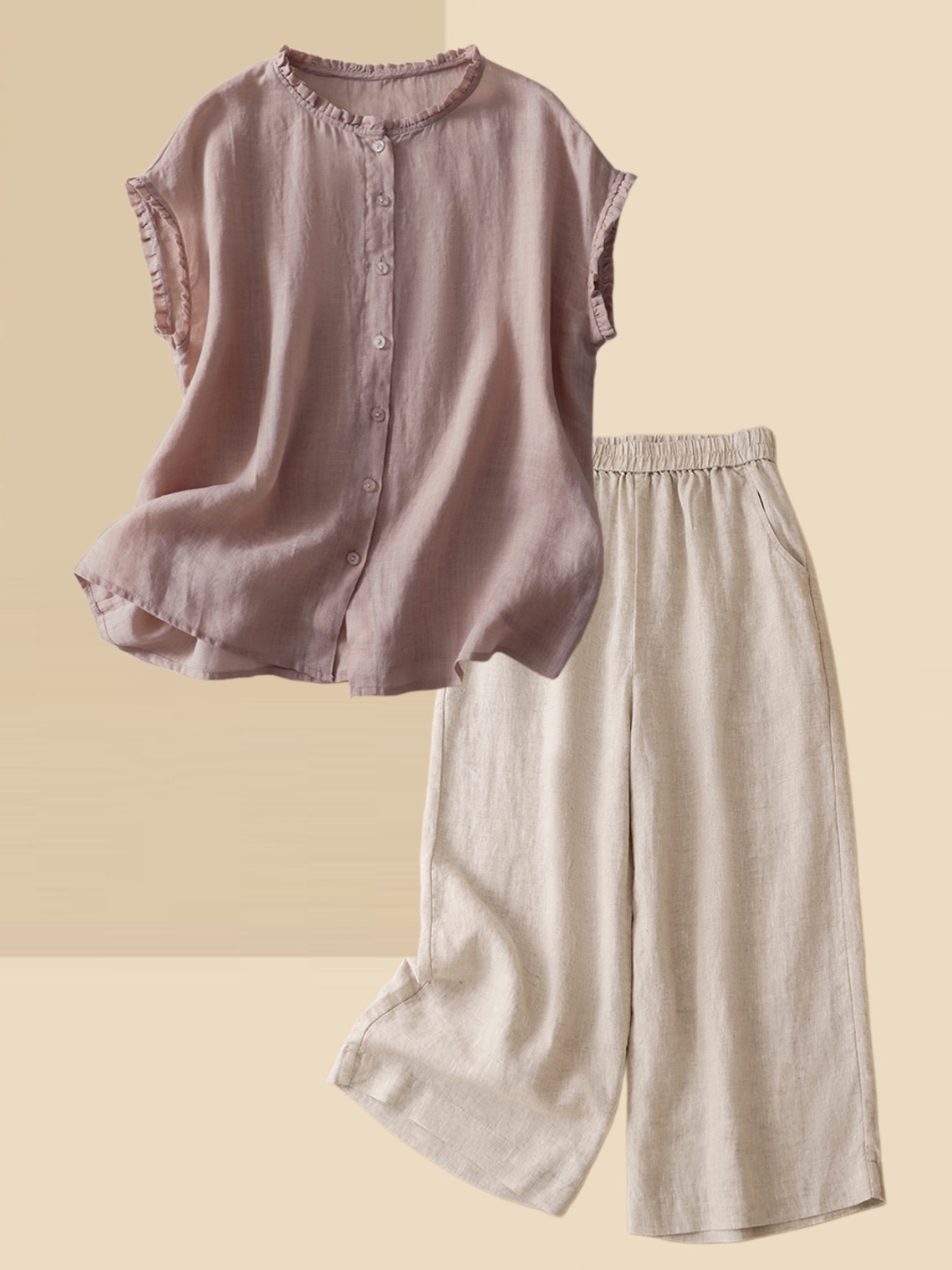 Summer Clothing Over 60 - レディース薄手コットンリネンシャツワイドレッグパンツツーピースセット夏服通気性簡単お手入れカジュアルスタイルラウンドネック