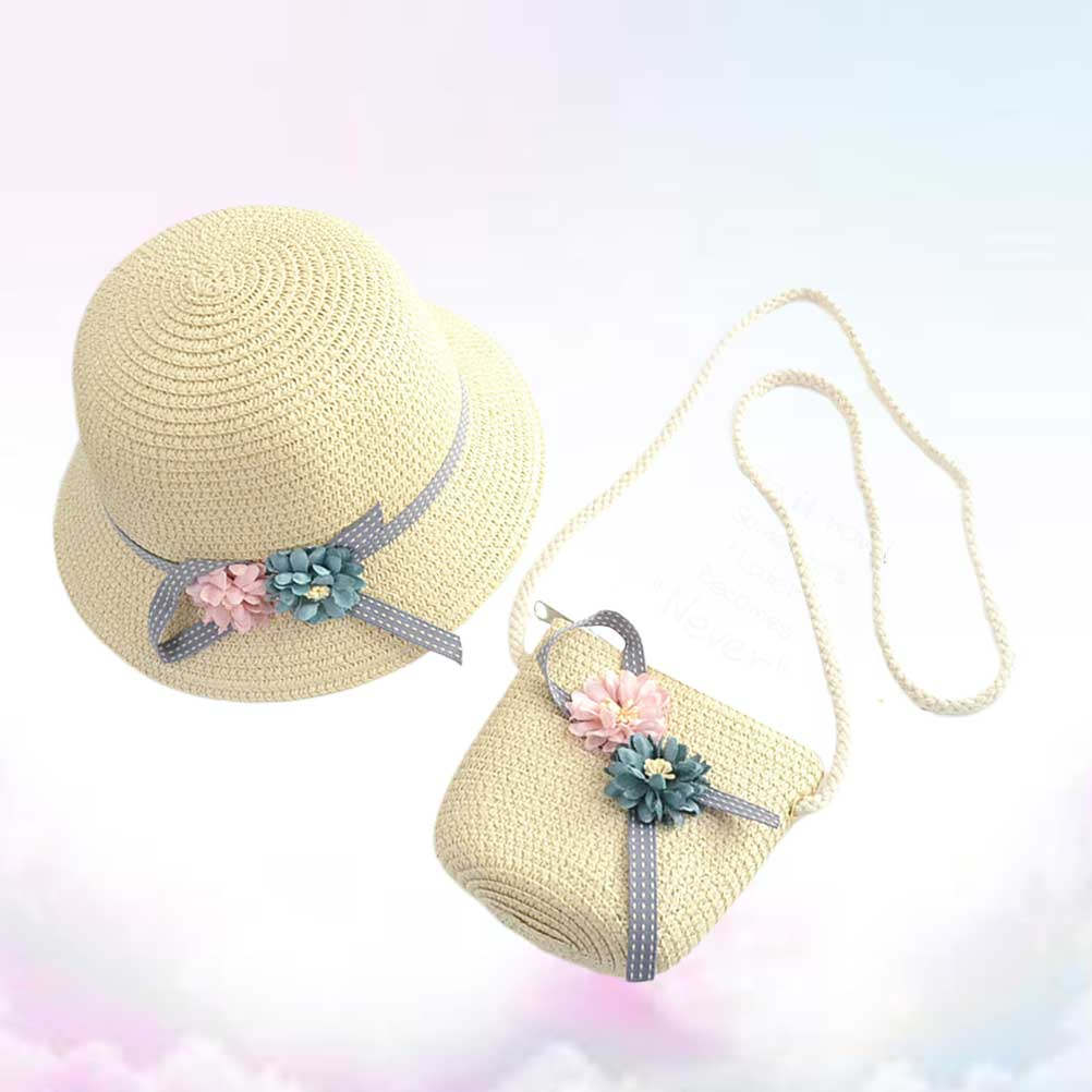 Beach Bag Straw - ベージュのキッズ用麦わら帽子ビーチキット、大きなつば付きクロスボディバッグ、女の子の誕生日プレゼントにぴったりの可愛らしい手作りヘッドドレス1セット