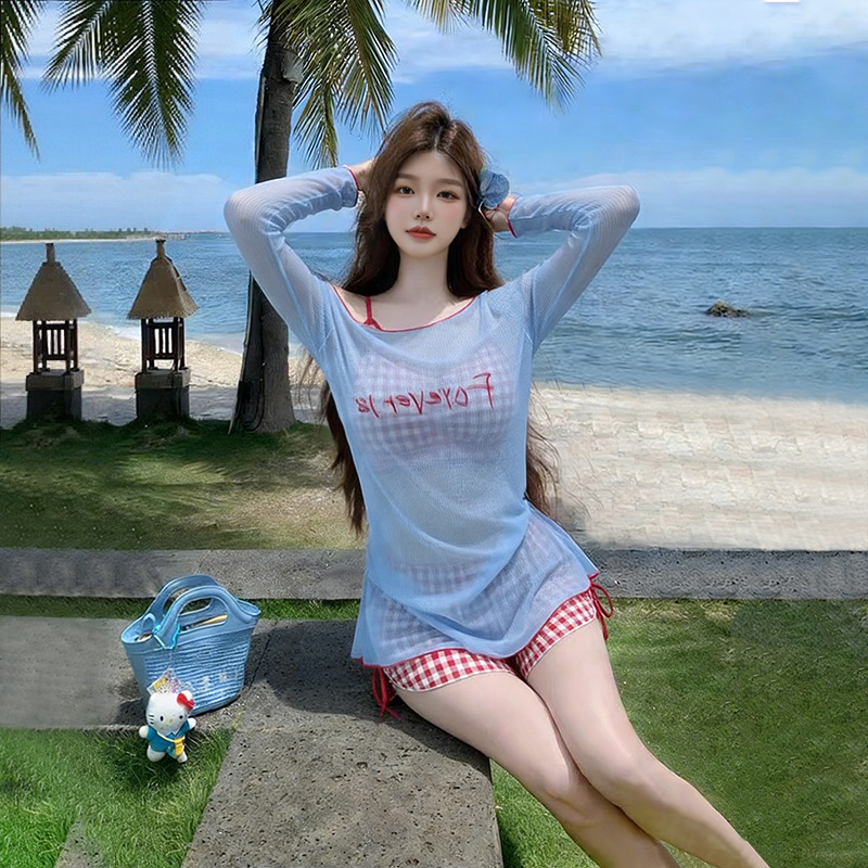 Swim Cover Up Mesh - 女性用ビキニセット ブルーメッシュレタープリント 長袖カバーアップ レッドギンガムチェック巾着ショーツ サマービーチ水着 水着