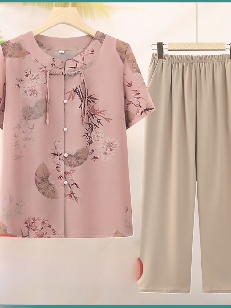 Summer Clothing Over 60 - おしゃれな半袖ツーピースセット 中高年女性向け 夏服 ママスタイル カーディガン おばあちゃんトップス