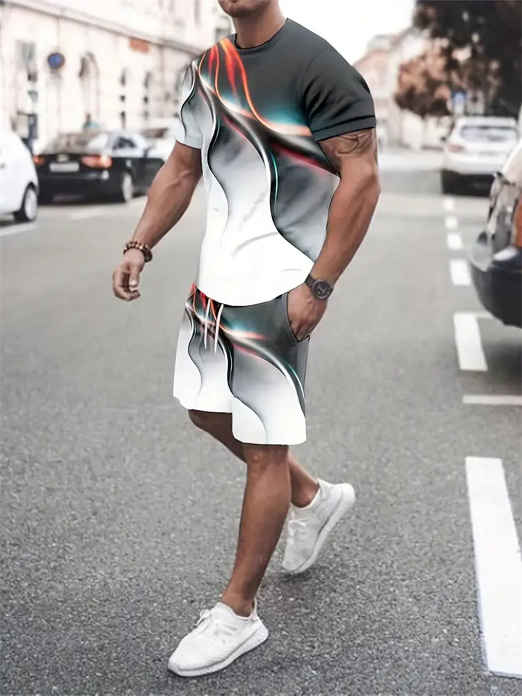 男性女性グラデーションテクスチャ Tシャツツーピーススーツシ - Summer Clothing Guys のレビューと価格
