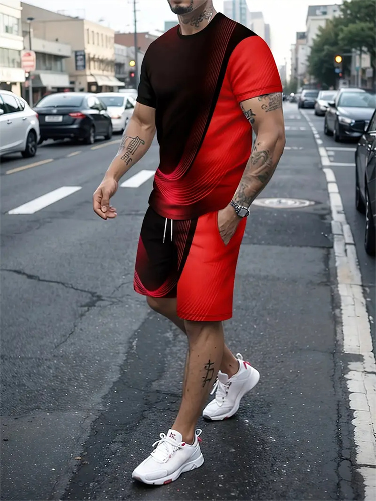 男性女性グラデーションテクスチャ Tシャツツーピーススーツシ - Summer Clothing Guys のレビューと価格