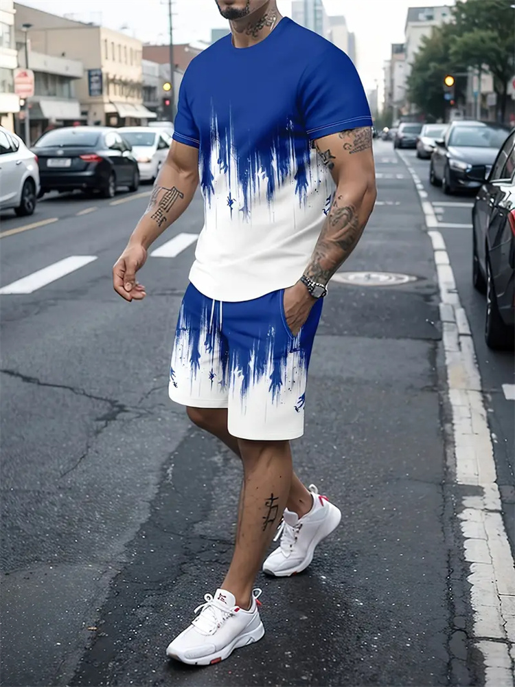 男性女性グラデーションテクスチャ Tシャツツーピーススーツシ - Summer Clothing Guys のレビューと価格