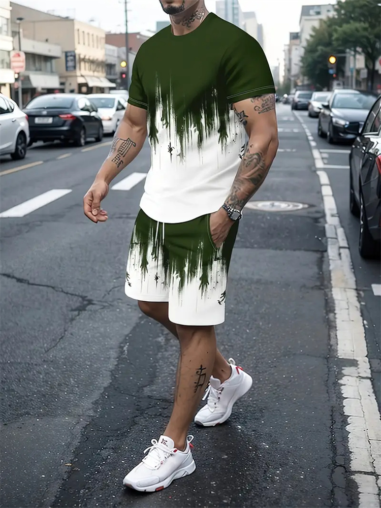 男性女性グラデーションテクスチャ Tシャツツーピーススーツシ - Summer Clothing Guys のレビューと価格