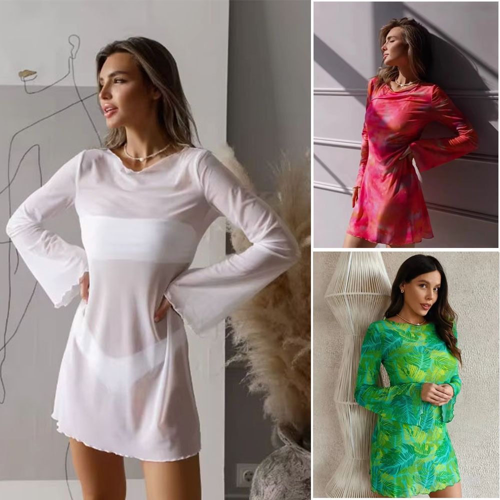 夏用シースルーメッシュ水着カバーアップ、ロングベルスリーブ、 - Swim Cover Up Mesh のレビューと価格