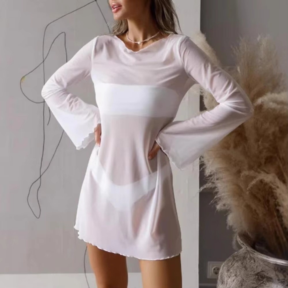 夏用シースルーメッシュ水着カバーアップ、ロングベルスリーブ、 - Swim Cover Up Mesh のレビューと価格