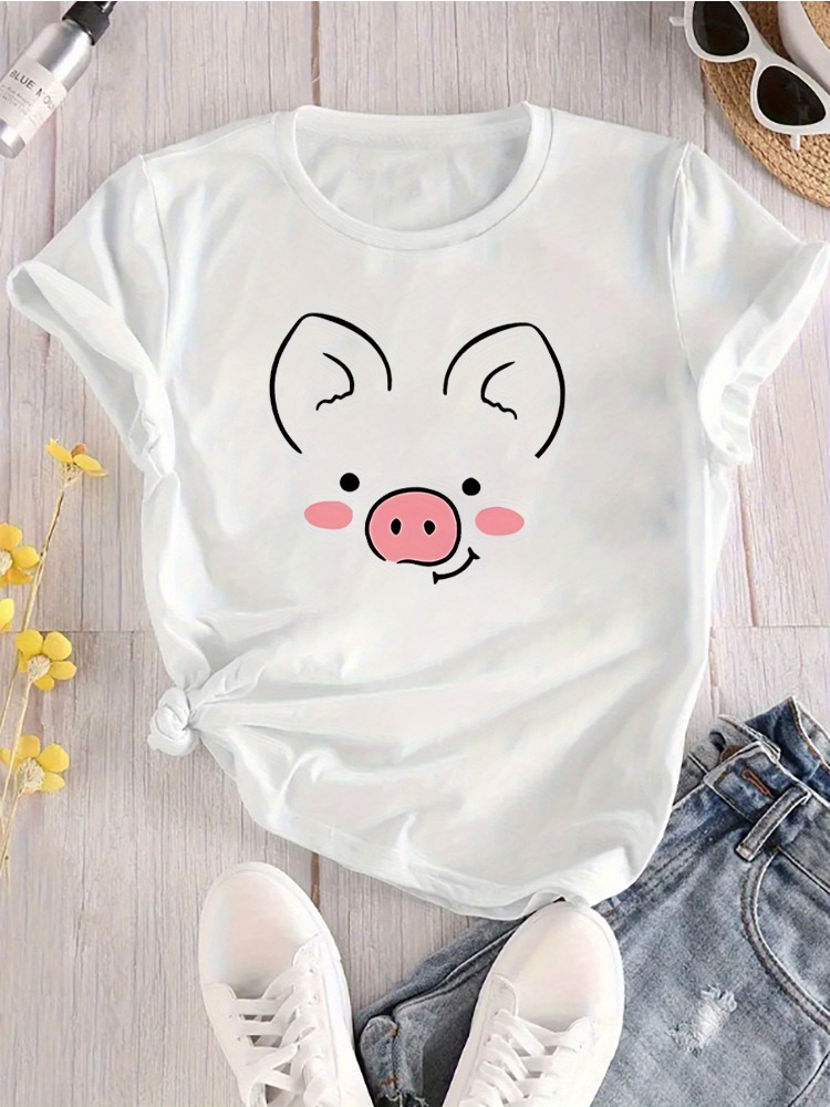 女性用のかわいい豚の顔のTシャツ、シンプルなラインが施された - Summer Clothing Images のレビューと価格