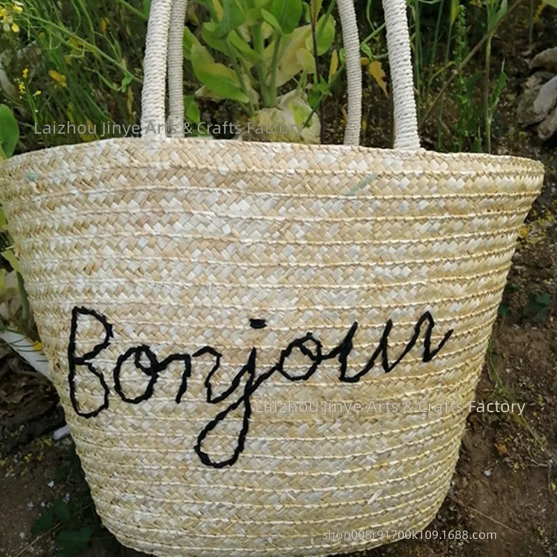 メーカーカスタム手刺繍入り麦わら織りバッグ カジュアルでおし - Beach Bag Straw のレビューと価格