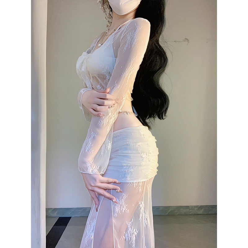 エレガントな白い花柄メッシュ4ピースビキニセット、ボウフロン - Swim Cover Up Mesh のレビューと価格