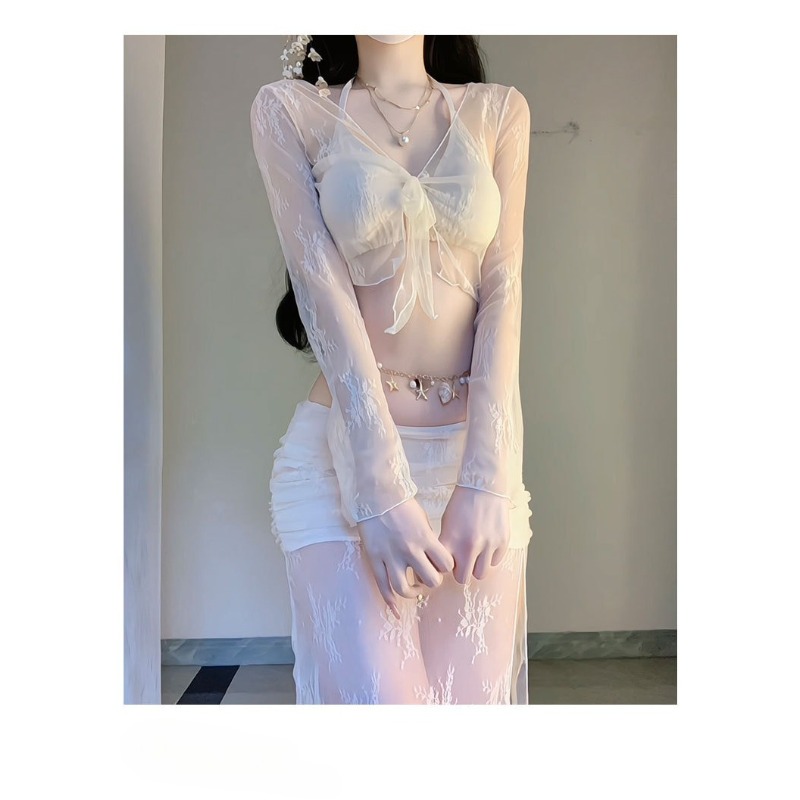 エレガントな白い花柄メッシュ4ピースビキニセット、ボウフロン - Swim Cover Up Mesh のレビューと価格