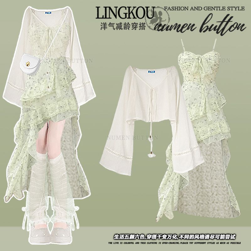 夏服セット レディース 日焼け防止服 グリーン花柄スリングド - Summer Clothing Wear のレビューと価格