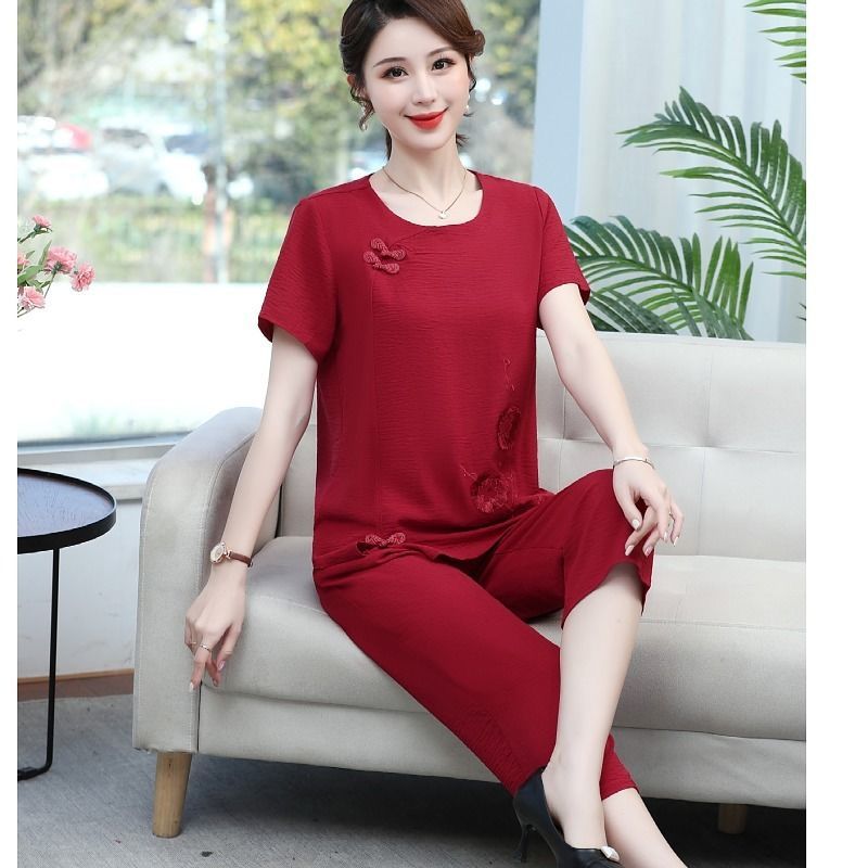 夏用コットンリネン半袖ママセットツーピーススーツおしゃれ中高 - Summer Clothing Over 60 のレビューと価格